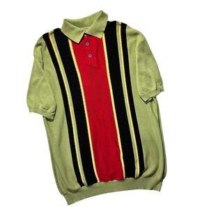OXKNITSTORE Knit Polo Shirt Mens 2XL Green Vertical Stripe Short Sleeve Cotton